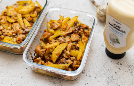 Fitness-Rezept: Gebackene Hähnchenbrust mit Kartoffeln und leichter Mayonnaise