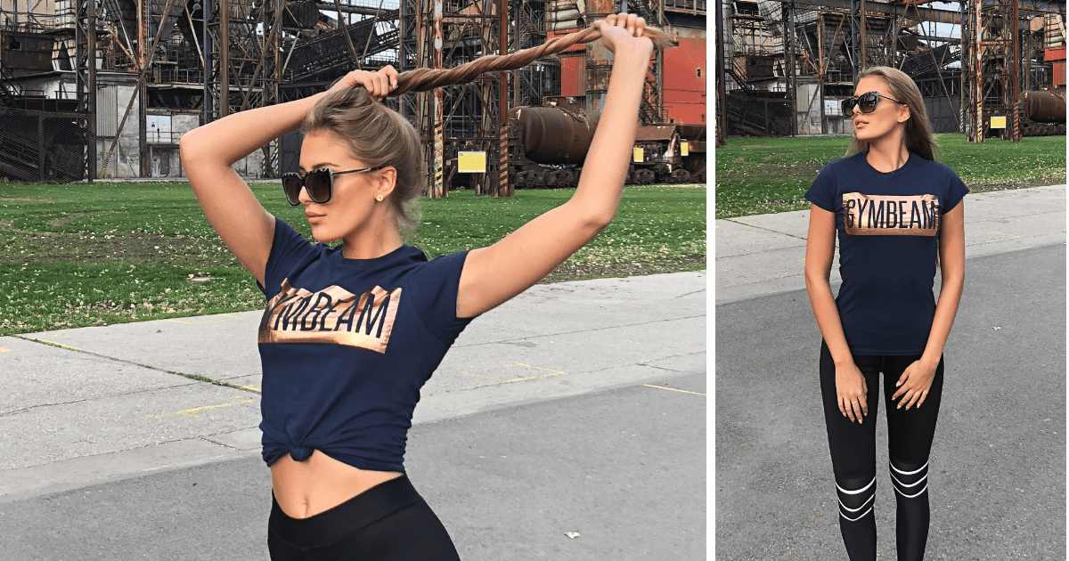 T-Shirt für Damen Box Logo Navy Rosegold - GymBeam